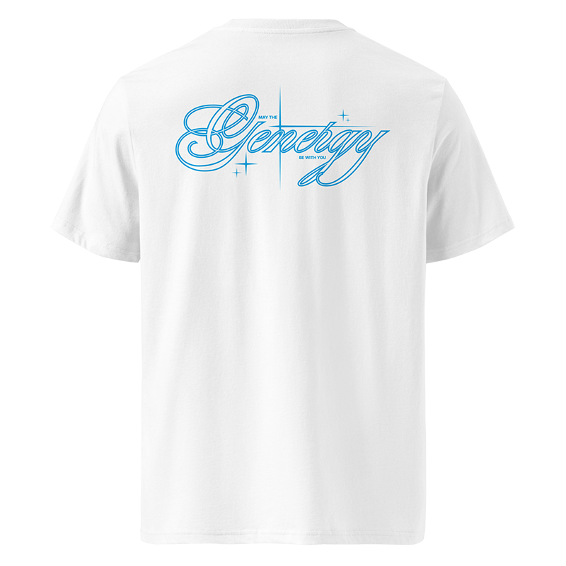 Weißes T-Shirt von hinten mit blauem Kalligraphie-Schriftzug Genergy und dem Zusatz May the Genergy be with you